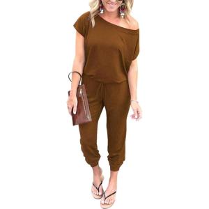 imagePRETTYGARDEN Jumpsuits for Women 2025 Summer Dressy Off Shoulder Romper Spring Vacation Travel Lounge Outfits ClothesLight Brown