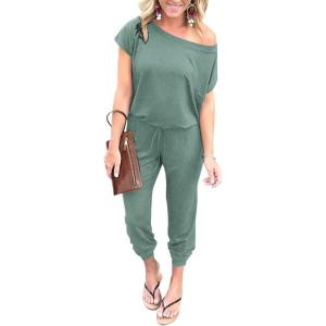 imagePRETTYGARDEN Jumpsuits for Women 2025 Summer Dressy Off Shoulder Romper Spring Vacation Travel Lounge Outfits ClothesLight Green