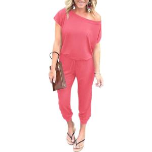 imagePRETTYGARDEN Jumpsuits for Women 2025 Summer Dressy Off Shoulder Romper Spring Vacation Travel Lounge Outfits ClothesLight Pink