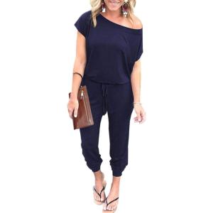 imagePRETTYGARDEN Jumpsuits for Women 2025 Summer Dressy Off Shoulder Romper Spring Vacation Travel Lounge Outfits ClothesNavy
