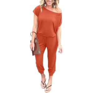 imagePRETTYGARDEN Jumpsuits for Women 2025 Summer Dressy Off Shoulder Romper Spring Vacation Travel Lounge Outfits ClothesOrange Red