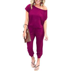 imagePRETTYGARDEN Jumpsuits for Women 2025 Summer Dressy Off Shoulder Romper Spring Vacation Travel Lounge Outfits ClothesPurple