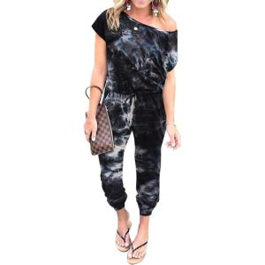 imagePRETTYGARDEN Jumpsuits for Women 2025 Summer Dressy Off Shoulder Romper Spring Vacation Travel Lounge Outfits ClothesTie Dyeblack