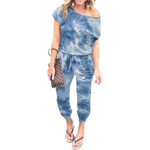 imagePRETTYGARDEN Jumpsuits for Women 2025 Summer Dressy Off Shoulder Romper Spring Vacation Travel Lounge Outfits ClothesTie Dyeblue