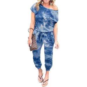 imagePRETTYGARDEN Jumpsuits for Women 2025 Summer Dressy Off Shoulder Romper Spring Vacation Travel Lounge Outfits ClothesTie Dyedark Blue