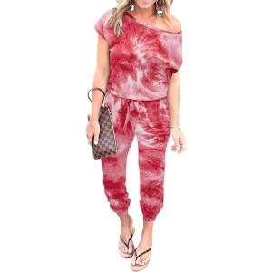 imagePRETTYGARDEN Jumpsuits for Women 2025 Summer Dressy Off Shoulder Romper Spring Vacation Travel Lounge Outfits ClothesTie Dyered