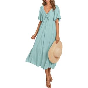 imagePRETTYGARDEN Summer Dress for Women 2025 Casual Short Sleeve Bow Tie V Neck Ruffle Midi Flowy DressesAqua Green