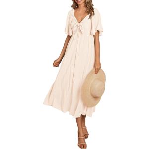 imagePRETTYGARDEN Summer Dress for Women 2025 Casual Short Sleeve Bow Tie V Neck Ruffle Midi Flowy DressesBeige