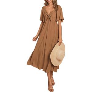imagePRETTYGARDEN Summer Dress for Women 2025 Casual Short Sleeve Bow Tie V Neck Ruffle Midi Flowy DressesBrown