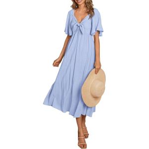 imagePRETTYGARDEN Summer Dress for Women 2025 Casual Short Sleeve Bow Tie V Neck Ruffle Midi Flowy DressesLight Blue