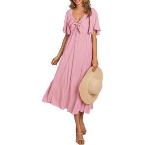 imagePRETTYGARDEN Summer Dress for Women 2025 Casual Short Sleeve Bow Tie V Neck Ruffle Midi Flowy DressesLight Pink