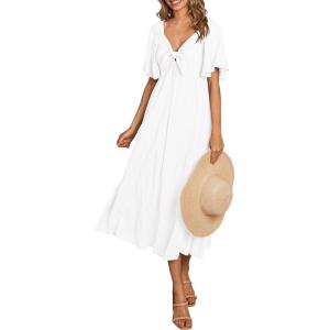 imagePRETTYGARDEN Summer Dress for Women 2025 Casual Short Sleeve Bow Tie V Neck Ruffle Midi Flowy DressesWhite