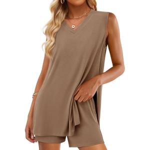 imagePRETTYGARDEN Womens 2025 Summer 2 Piece Lounge Sets V Neck Long Tank Tops High Waisted Shorts Loose Fit Matching OutfitsKhaki