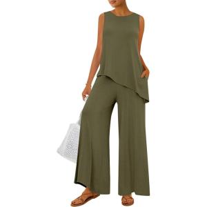 imagePRETTYGARDEN Womens 2025 Two Piece Matching Lounge Sets Asymmetrical Split Tank Tops Wide Leg Pants Summer Outfits TracksuitArmy Green