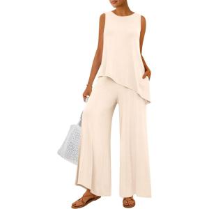 imagePRETTYGARDEN Womens 2025 Two Piece Matching Lounge Sets Asymmetrical Split Tank Tops Wide Leg Pants Summer Outfits TracksuitBeige