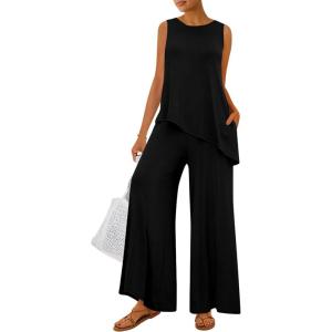 imagePRETTYGARDEN Womens 2025 Two Piece Matching Lounge Sets Asymmetrical Split Tank Tops Wide Leg Pants Summer Outfits TracksuitBlack