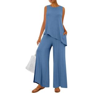 imagePRETTYGARDEN Womens 2025 Two Piece Matching Lounge Sets Asymmetrical Split Tank Tops Wide Leg Pants Summer Outfits TracksuitBlue