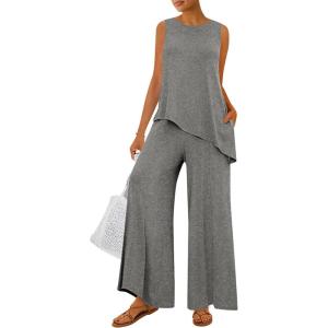 imagePRETTYGARDEN Womens 2025 Two Piece Matching Lounge Sets Asymmetrical Split Tank Tops Wide Leg Pants Summer Outfits TracksuitGrey