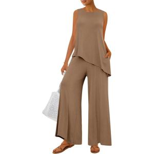 imagePRETTYGARDEN Womens 2025 Two Piece Matching Lounge Sets Asymmetrical Split Tank Tops Wide Leg Pants Summer Outfits TracksuitKhaki