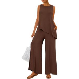 imagePRETTYGARDEN Womens 2025 Two Piece Matching Lounge Sets Asymmetrical Split Tank Tops Wide Leg Pants Summer Outfits TracksuitLight Coffee