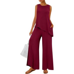 imagePRETTYGARDEN Womens 2025 Two Piece Matching Lounge Sets Asymmetrical Split Tank Tops Wide Leg Pants Summer Outfits TracksuitWine Red