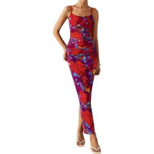 imagePRETTYGARDEN Womens Floral Maxi Dress 2025 Summer Spaghetti Strap Ruched Mesh Bodycon Wedding Guest Beach Party Long DressesFloral Navy Red