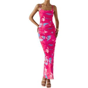 imagePRETTYGARDEN Womens Floral Maxi Dress 2025 Summer Spaghetti Strap Ruched Mesh Bodycon Wedding Guest Beach Party Long DressesFloral Rose Red