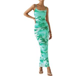 imagePRETTYGARDEN Womens Floral Maxi Dress 2025 Summer Spaghetti Strap Ruched Mesh Bodycon Wedding Guest Beach Party Long DressesFloral White Light Green