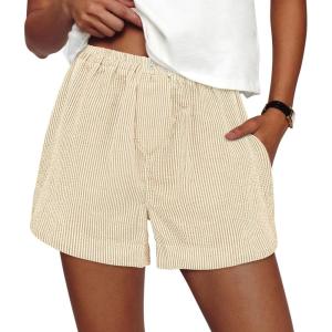 imagePRETTYGARDEN Womens Striped Boxer Shorts Summer 2025 Trendy Casual Elastic Waist Lounge Sleep Pajama Bottoms Beach ShortsStriped Apricot White