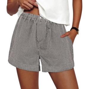 imagePRETTYGARDEN Womens Striped Boxer Shorts Summer 2025 Trendy Casual Elastic Waist Lounge Sleep Pajama Bottoms Beach ShortsStriped Black White