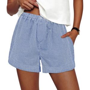 imagePRETTYGARDEN Womens Striped Boxer Shorts Summer 2025 Trendy Casual Elastic Waist Lounge Sleep Pajama Bottoms Beach ShortsStriped Blue White