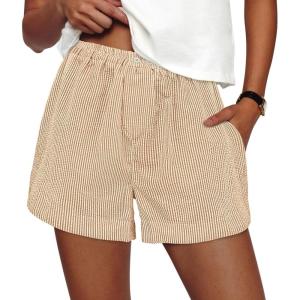 imagePRETTYGARDEN Womens Striped Boxer Shorts Summer 2025 Trendy Casual Elastic Waist Lounge Sleep Pajama Bottoms Beach ShortsStriped Khaki White