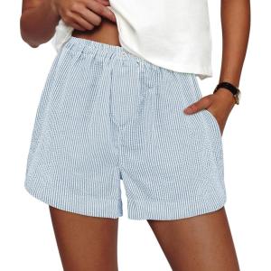 imagePRETTYGARDEN Womens Striped Boxer Shorts Summer 2025 Trendy Casual Elastic Waist Lounge Sleep Pajama Bottoms Beach ShortsStriped Light Blue White