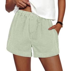 imagePRETTYGARDEN Womens Striped Boxer Shorts Summer 2025 Trendy Casual Elastic Waist Lounge Sleep Pajama Bottoms Beach ShortsStriped Light Green White