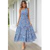 imagePRETTYGARDEN Womens Summer Floral Maxi Dress Knot One Shoulder Sleeveless Ruffle Flowy Boho Beach Wedding Guest DressesBlue Floral