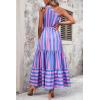 imagePRETTYGARDEN Womens Summer Floral Maxi Dress Knot One Shoulder Sleeveless Ruffle Flowy Boho Beach Wedding Guest DressesBlue Pink Stripe