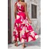 imagePRETTYGARDEN Womens Summer Floral Maxi Dress Knot One Shoulder Sleeveless Ruffle Flowy Boho Beach Wedding Guest DressesRed White Block
