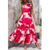imagePRETTYGARDEN Womens Summer Floral Maxi Dress Knot One Shoulder Sleeveless Ruffle Flowy Boho Beach Wedding Guest DressesRed White Block