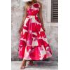 imagePRETTYGARDEN Womens Summer Floral Maxi Dress Knot One Shoulder Sleeveless Ruffle Flowy Boho Beach Wedding Guest DressesRed White Block
