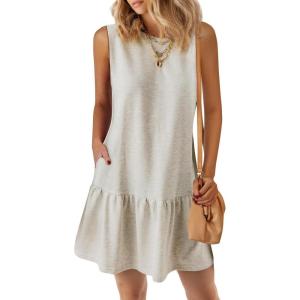 imagePRETTYGARDEN Casual Short Summer Dresses for Women 2025 Sleeveless Crewneck Cute Ruffle Loose Vacation Mini Tshirt DressLight Grey