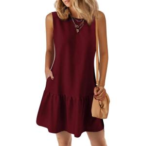 imagePRETTYGARDEN Casual Short Summer Dresses for Women 2025 Sleeveless Crewneck Cute Ruffle Loose Vacation Mini Tshirt DressWine Red