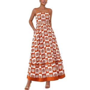 imagePRETTYGARDEN Summer Spaghetti Strap Dresses for Women Flowy Smocked Sundresses Casual Boho Sleeveless Beach Maxi Long DressBrown
