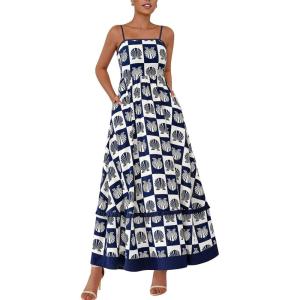 imagePRETTYGARDEN Summer Spaghetti Strap Dresses for Women Flowy Smocked Sundresses Casual Boho Sleeveless Beach Maxi Long DressNavy