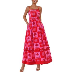 imagePRETTYGARDEN Summer Spaghetti Strap Dresses for Women Flowy Smocked Sundresses Casual Boho Sleeveless Beach Maxi Long DressRed