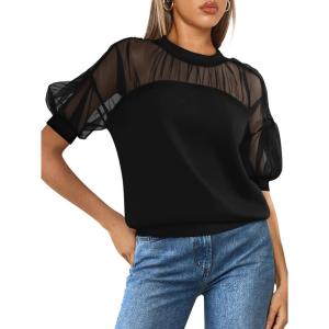 imagePRETTYGARDEN Womens 2025 Summer Crew Neck Short Sleeve Shirts Lace Going Out Sheer Mesh Crop Tops Dressy Casual BlousesBlack
