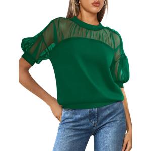 imagePRETTYGARDEN Womens 2025 Summer Crew Neck Short Sleeve Shirts Lace Going Out Sheer Mesh Crop Tops Dressy Casual BlousesDark Green
