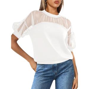 imagePRETTYGARDEN Womens 2025 Summer Crew Neck Short Sleeve Shirts Lace Going Out Sheer Mesh Crop Tops Dressy Casual BlousesWhite