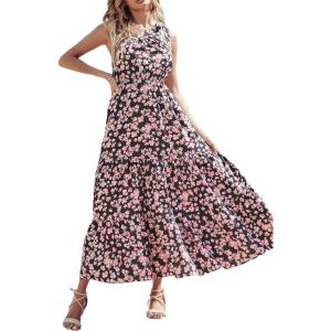 imagePRETTYGARDEN Womens Summer Floral Maxi Dress Knot One Shoulder Sleeveless Ruffle Flowy Boho Beach Wedding Guest DressesBlack Pink