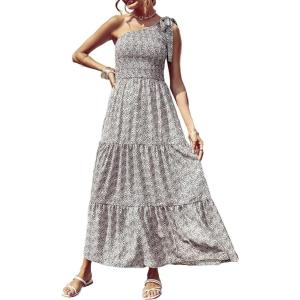 imagePRETTYGARDEN Womens Summer Floral Maxi Dress Knot One Shoulder Sleeveless Ruffle Flowy Boho Beach Wedding Guest DressesBlack White Floral