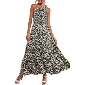 imagePRETTYGARDEN Womens Summer Floral Maxi Dress Knot One Shoulder Sleeveless Ruffle Flowy Boho Beach Wedding Guest DressesBlackWhiteYellow